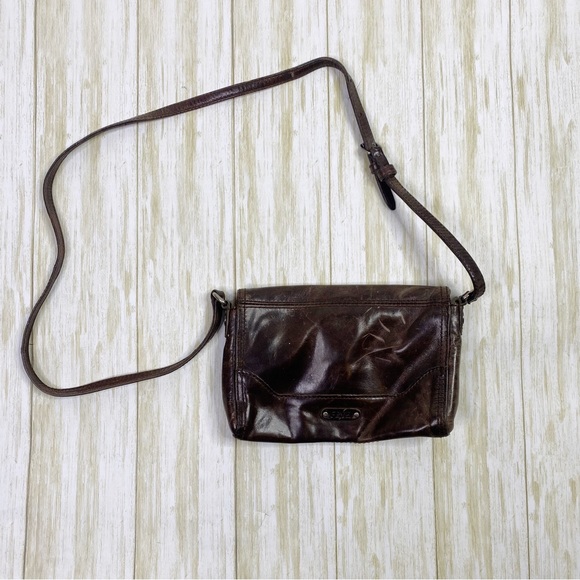 Frye Melissa Foldover Dark Brown Distressed Leather Crossbody Bag - Picture 10 of 10